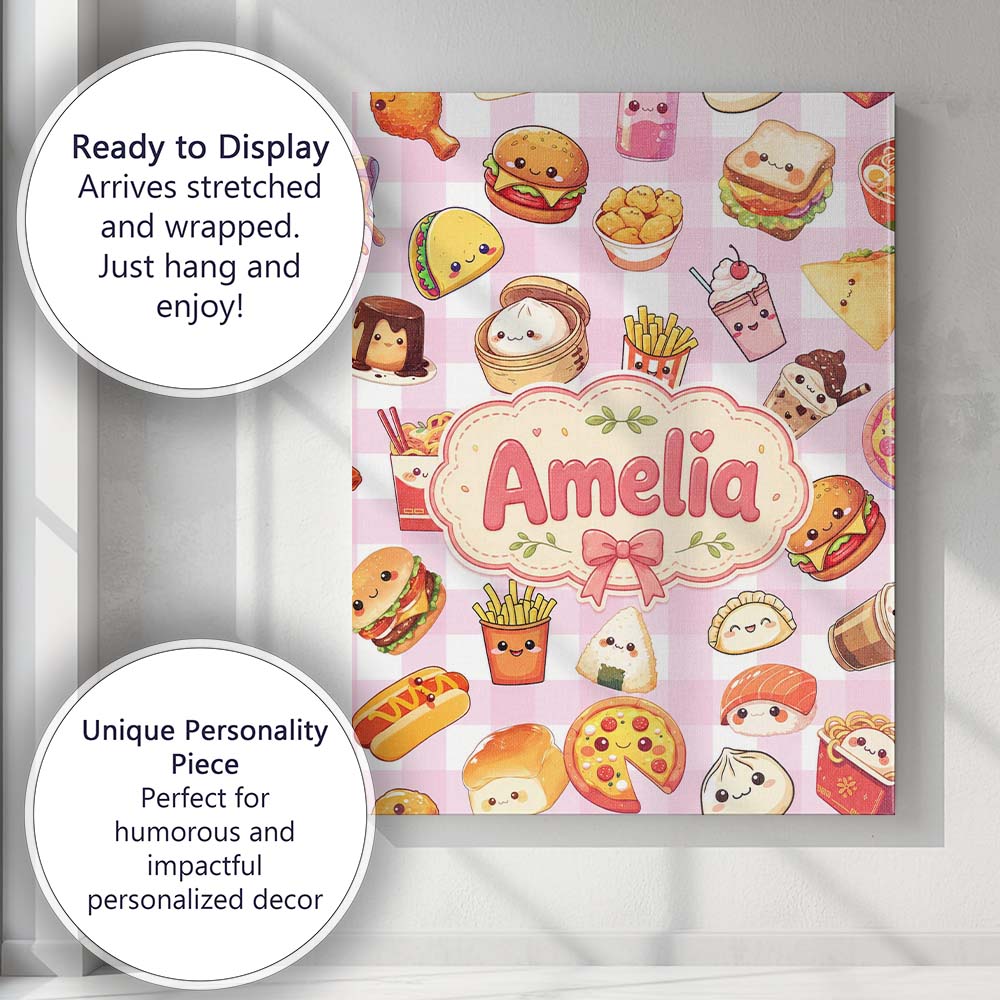 Personalised Name Kawaii Fast Food Burger Custom  Unique Gift Idea Elegant Feature Canvas Wall Art Print Decor Picture Ready to Hang