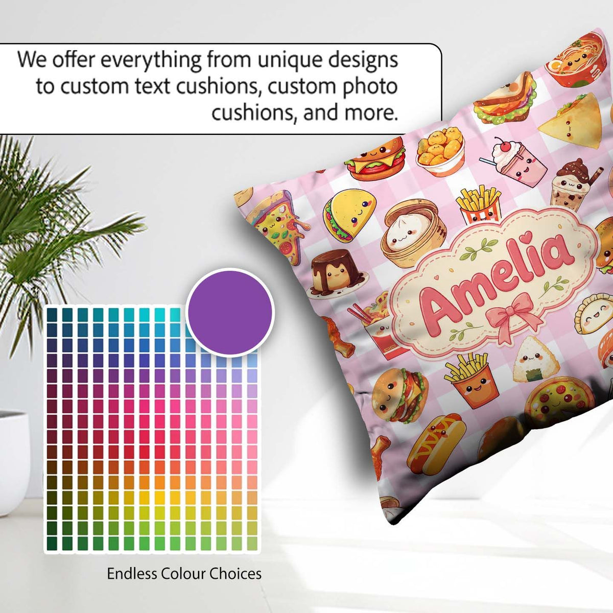 Custom Name Kawaii Fast Food Burger Sushi Pizza Gingham Seamless Square Filled Cushion Throw Pillow Sofa Bed Home Decor Zip Washable UK Made