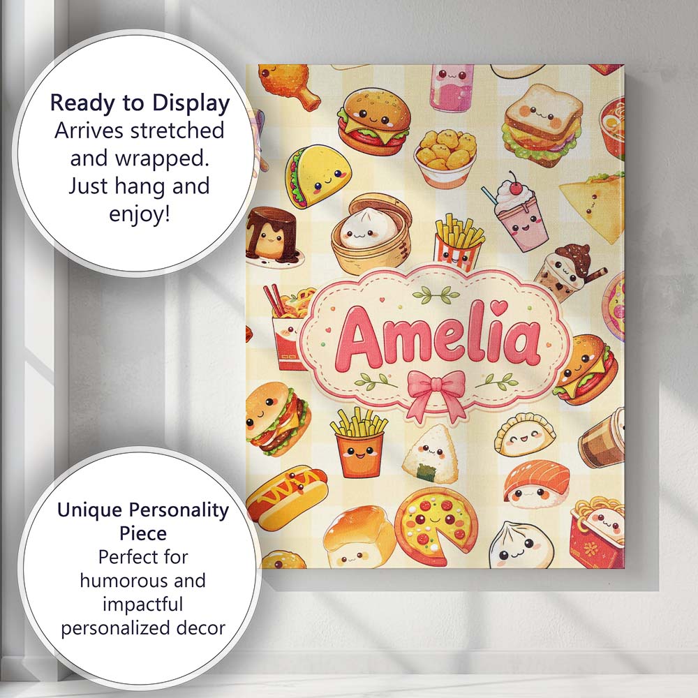 Personalised Name Kawaii Fast Food Burger Custom  Unique Gift Idea Elegant Feature Canvas Wall Art Print Decor Picture Ready to Hang