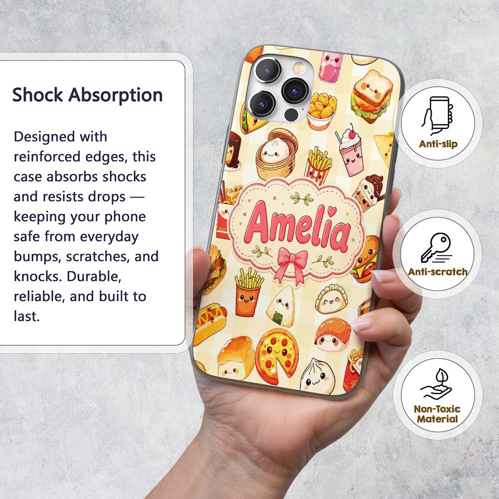 Kawaii Fast Food Burger Sushi Taco Pizza Yellow Custom Name Protective Phone Case Mobile Cover Durable Everyday Smartphone Shock Resistant
