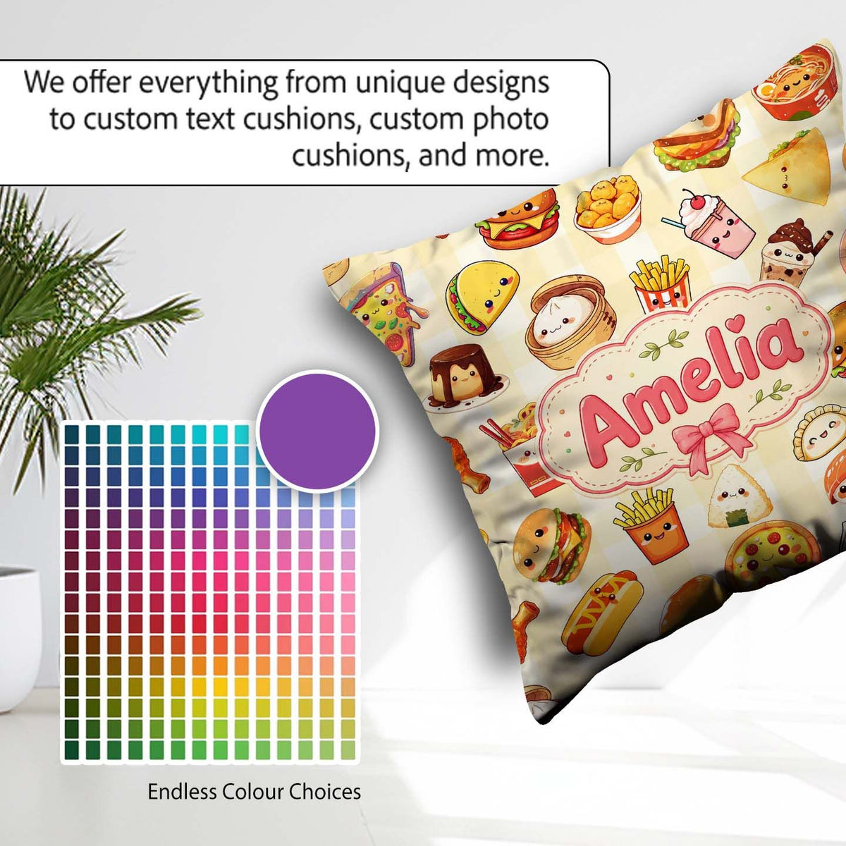 Custom Name Kawaii Fast Food Burger Sushi Pizza Gingham Seamless Square Filled Cushion Throw Pillow Sofa Bed Home Decor Zip Washable UK Made