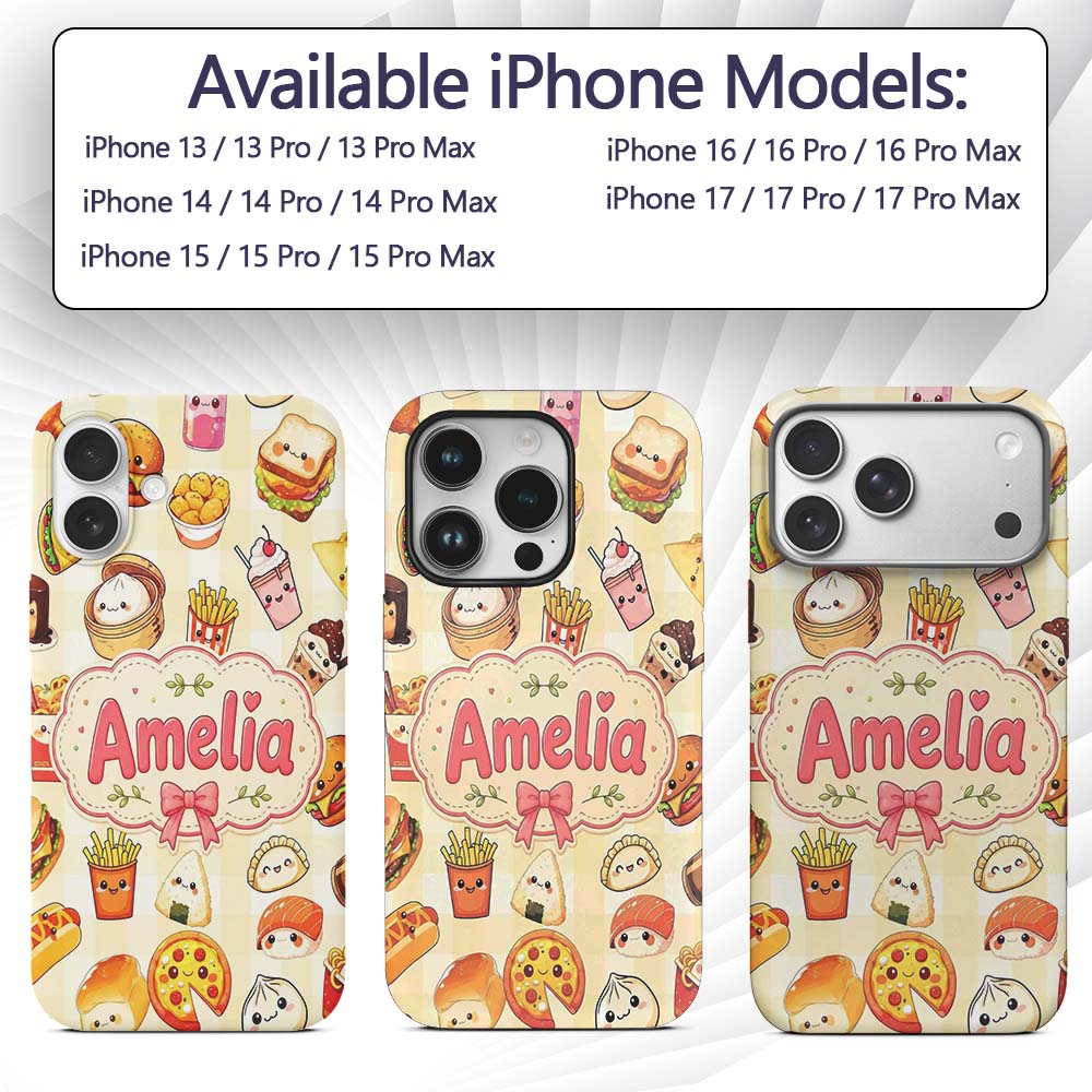 Kawaii Fast Food Burger Sushi Taco Pizza Yellow Custom Name Protective Phone Case Mobile Cover Durable Everyday Smartphone Shock Resistant