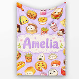 Kawaii Fast Food Burger Sushi Taco Pizza Purple Seamless Pattern  Personalised Custom Name Super Soft Fleece Blanket Bed Sofa Throw