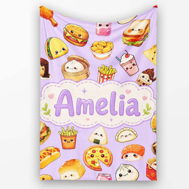 Kawaii Fast Food Burger Sushi Taco Pizza Purple Seamless Pattern  Personalised Custom Name Super Soft Fleece Blanket Bed Sofa Throw