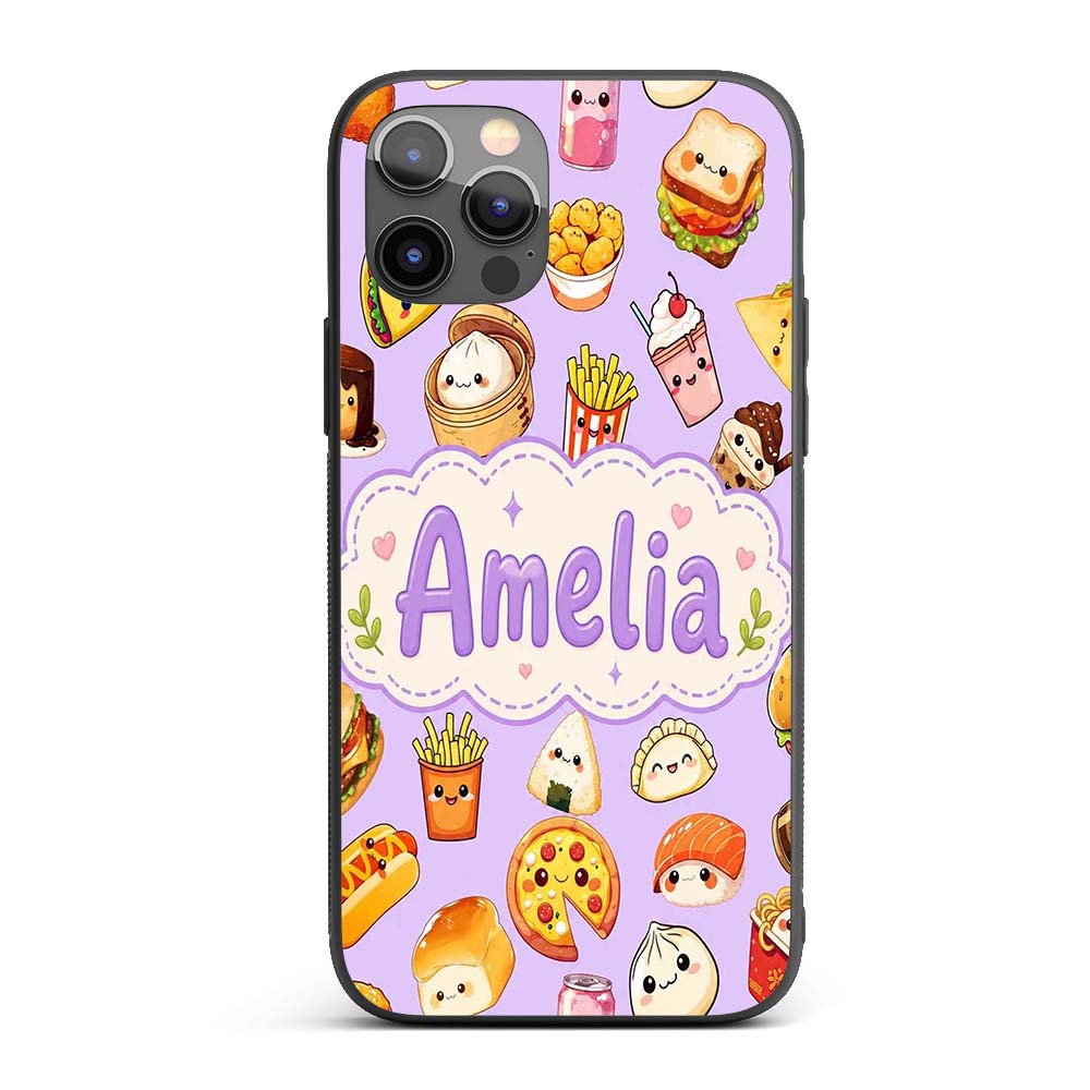 Kawaii Fast Food Burger Sushi Taco Pizza Purple Custom Name Protective Phone Case Mobile Cover Durable Everyday Smartphone Shock Resistant