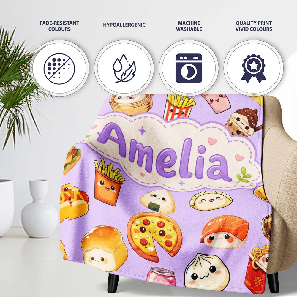 Kawaii Fast Food Burger Sushi Taco Pizza Purple Seamless Pattern  Personalised Custom Name Super Soft Fleece Blanket Bed Sofa Throw