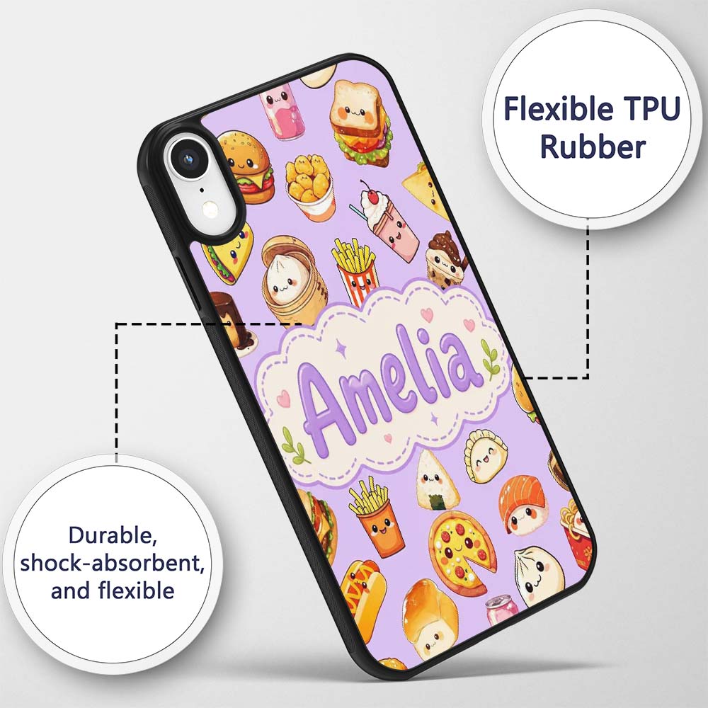 Kawaii Fast Food Burger Sushi Taco Pizza Purple Custom Name Protective Phone Case Mobile Cover Durable Everyday Smartphone Shock Resistant