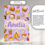 Kawaii Fast Food Burger Sushi Taco Pizza Purple Seamless Pattern  Personalised Custom Name Super Soft Fleece Blanket Bed Sofa Throw