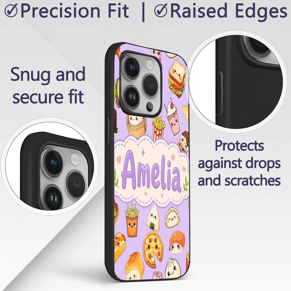 Kawaii Fast Food Burger Sushi Taco Pizza Purple Custom Name Protective Phone Case Mobile Cover Durable Everyday Smartphone Shock Resistant