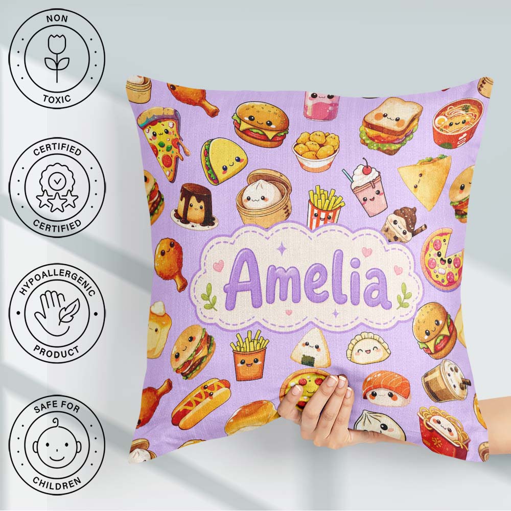 Custom Name Kawaii Fast Food Burger Sushi Pizza Seamless Pattern Square Filled Cushion Throw Pillow Sofa Bed Home Decor Zip Washable UK Made