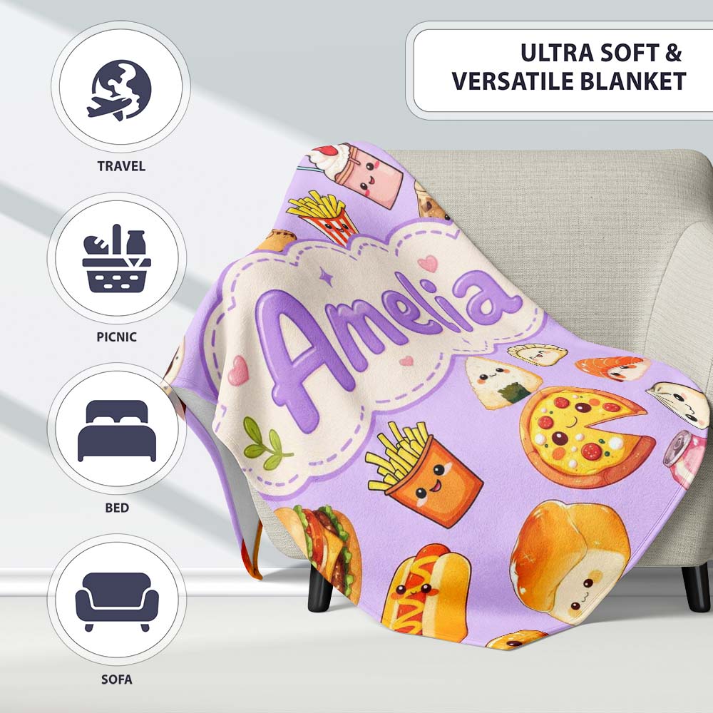 Kawaii Fast Food Burger Sushi Taco Pizza Purple Seamless Pattern  Personalised Custom Name Super Soft Fleece Blanket Bed Sofa Throw