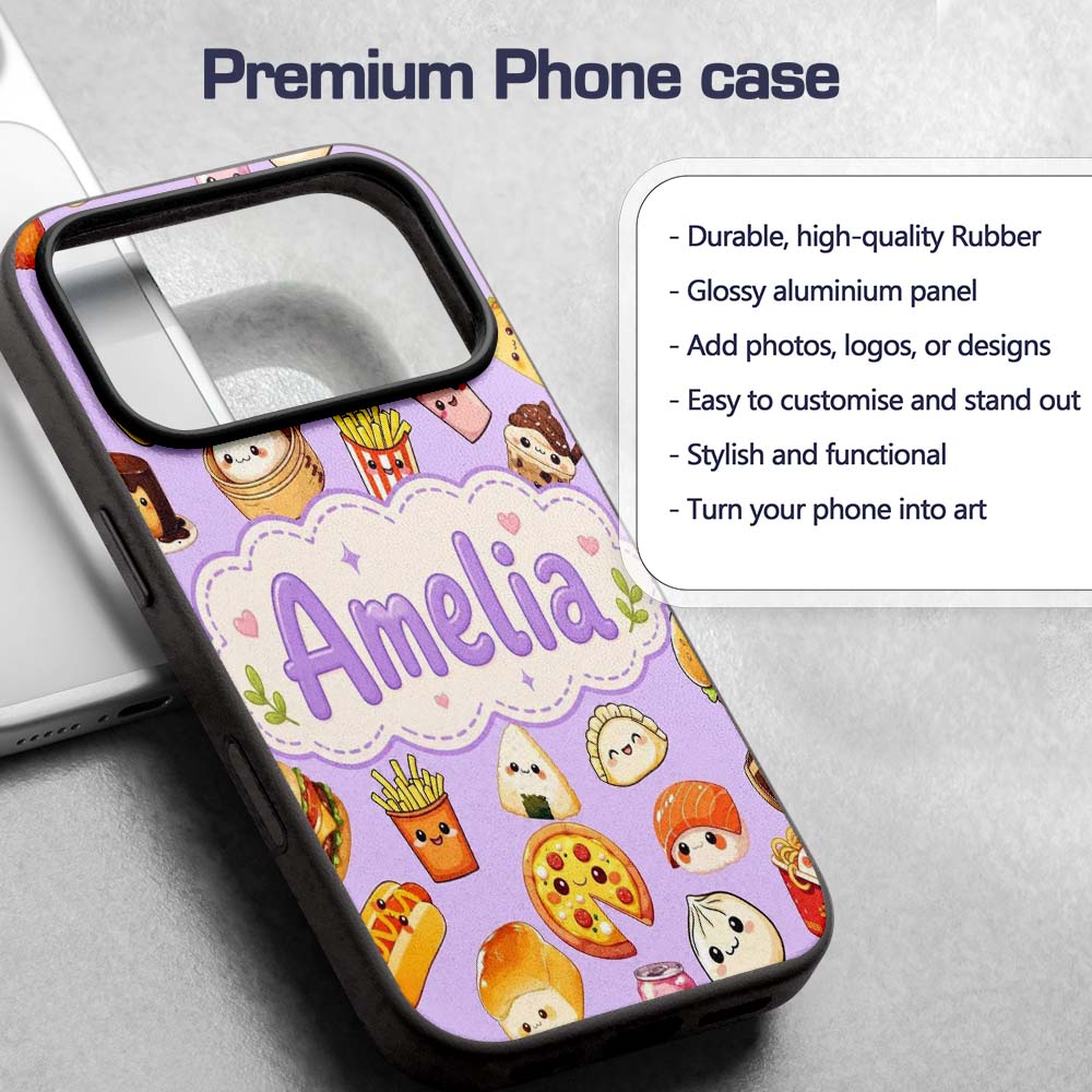Kawaii Fast Food Burger Sushi Taco Pizza Purple Custom Name Protective Phone Case Mobile Cover Durable Everyday Smartphone Shock Resistant