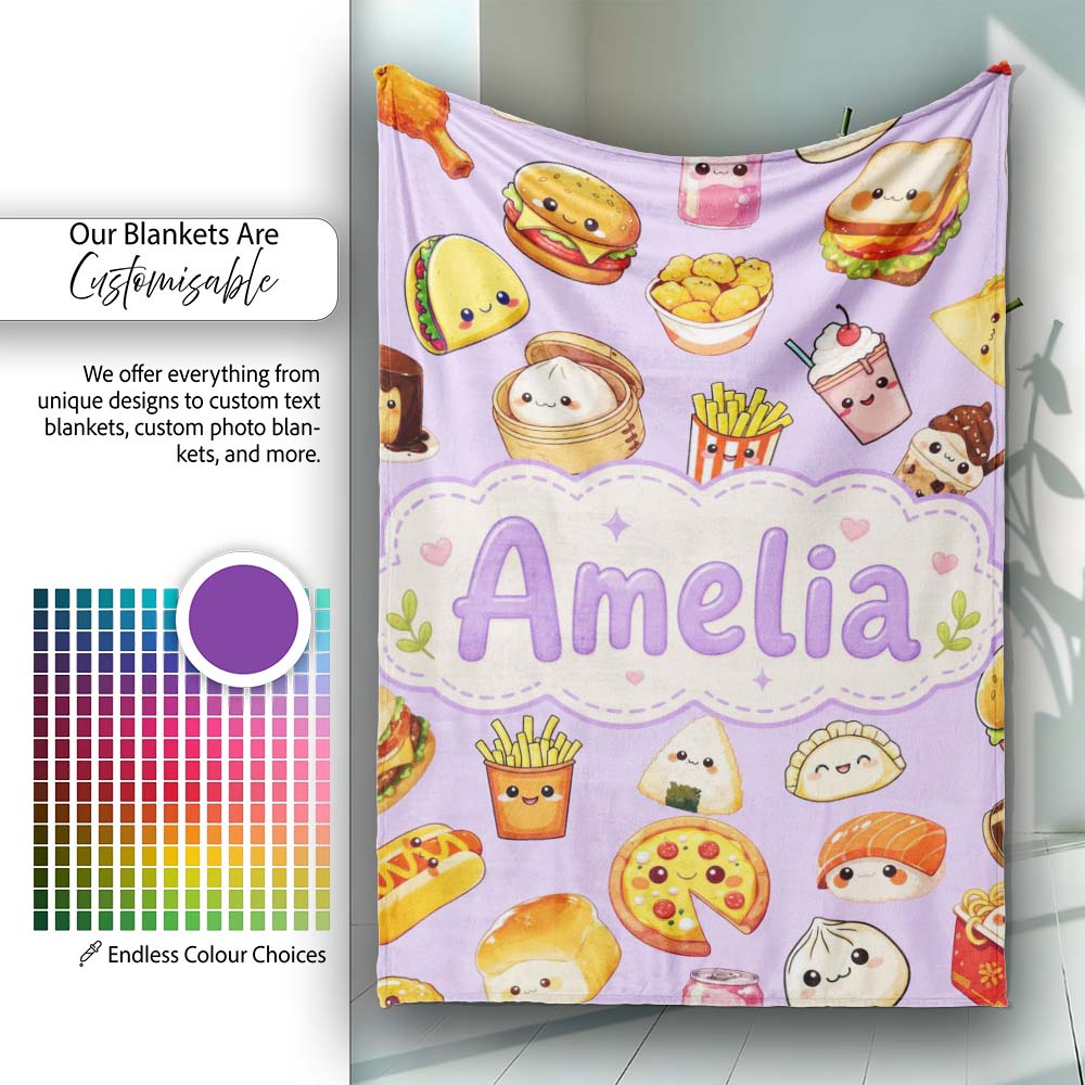 Kawaii Fast Food Burger Sushi Taco Pizza Purple Seamless Pattern  Personalised Custom Name Super Soft Fleece Blanket Bed Sofa Throw
