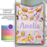 Kawaii Fast Food Burger Sushi Taco Pizza Purple Seamless Pattern  Personalised Custom Name Super Soft Fleece Blanket Bed Sofa Throw