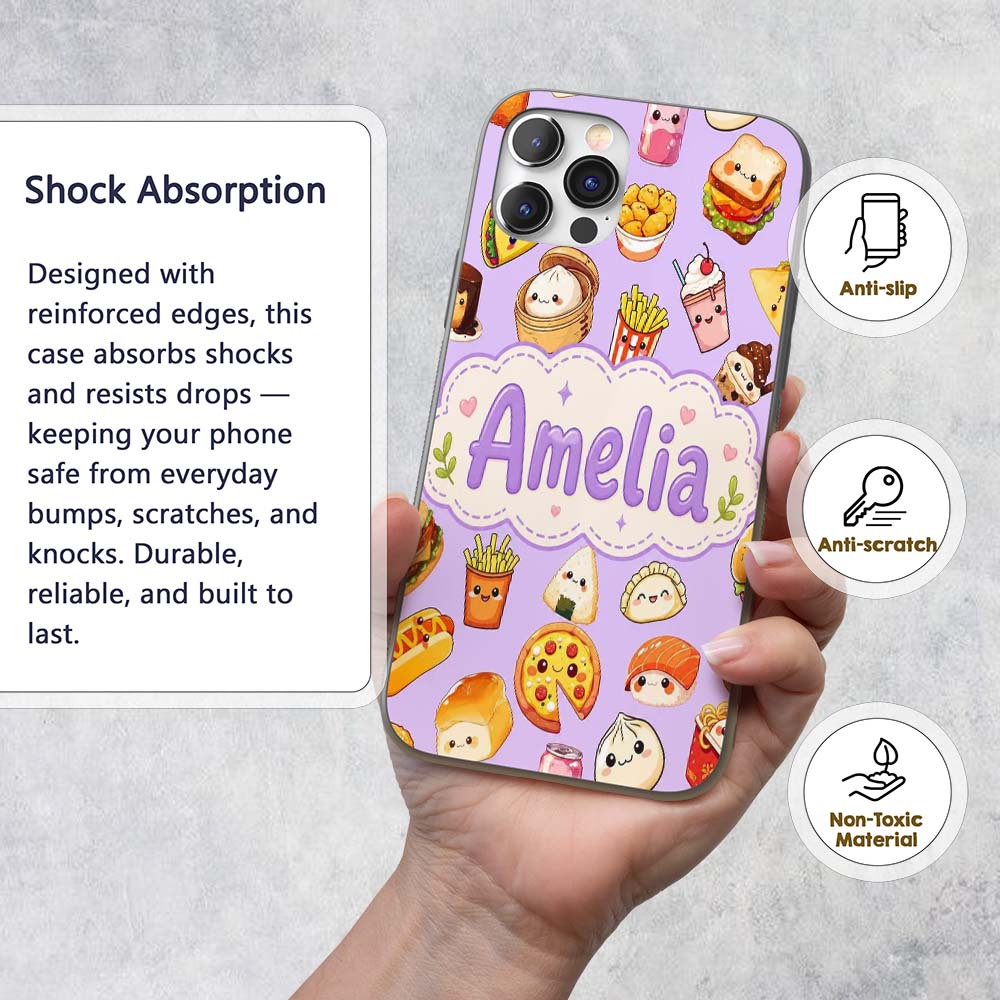 Kawaii Fast Food Burger Sushi Taco Pizza Purple Custom Name Protective Phone Case Mobile Cover Durable Everyday Smartphone Shock Resistant