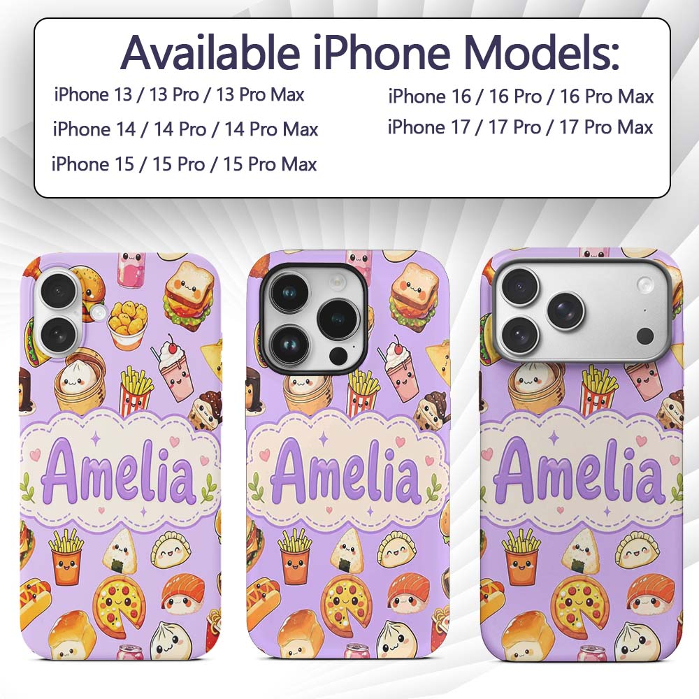 Kawaii Fast Food Burger Sushi Taco Pizza Purple Custom Name Protective Phone Case Mobile Cover Durable Everyday Smartphone Shock Resistant