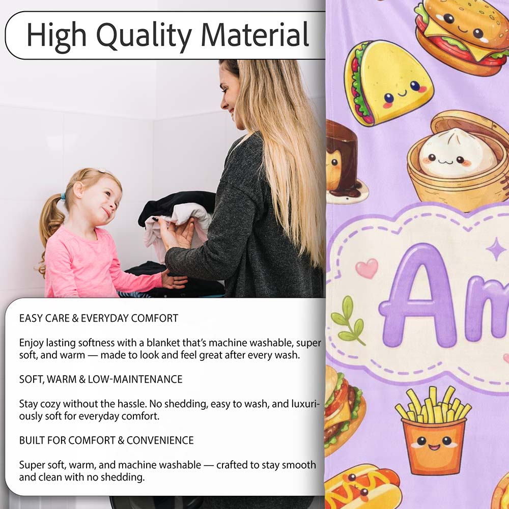 Kawaii Fast Food Burger Sushi Taco Pizza Purple Seamless Pattern  Personalised Custom Name Super Soft Fleece Blanket Bed Sofa Throw