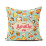 Custom Name Kawaii Fast Food Sushi Taco Pizza Teal Seamless Name Square Filled Cushion Throw Pillow Sofa Bed Home Decor Zip Washable UK Made