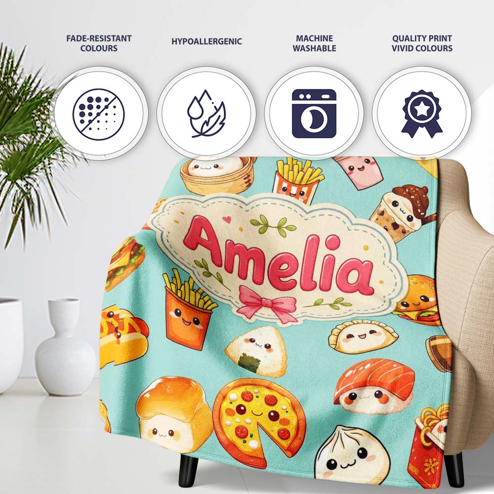 Kawaii Fast Food Burger Sushi Taco Pizza Teal Seamless Pattern Name  Personalised Custom Name Super Soft Fleece Blanket Bed Sofa Throw