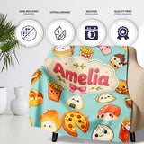 Kawaii Fast Food Burger Sushi Taco Pizza Teal Seamless Pattern Name  Personalised Custom Name Super Soft Fleece Blanket Bed Sofa Throw