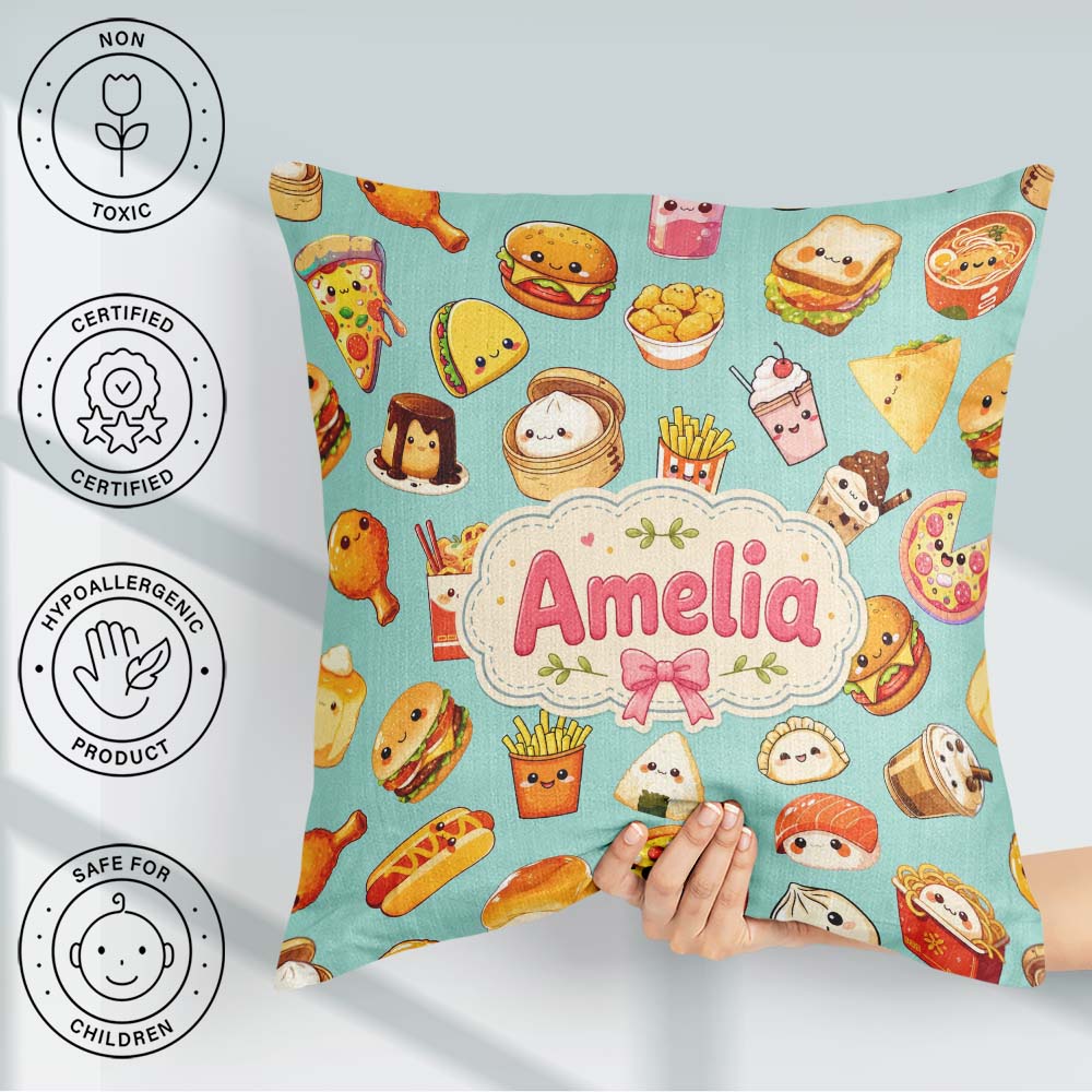 Custom Name Kawaii Fast Food Sushi Taco Pizza Teal Seamless Name Square Filled Cushion Throw Pillow Sofa Bed Home Decor Zip Washable UK Made