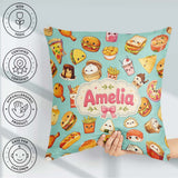 Custom Name Kawaii Fast Food Sushi Taco Pizza Teal Seamless Name Square Filled Cushion Throw Pillow Sofa Bed Home Decor Zip Washable UK Made