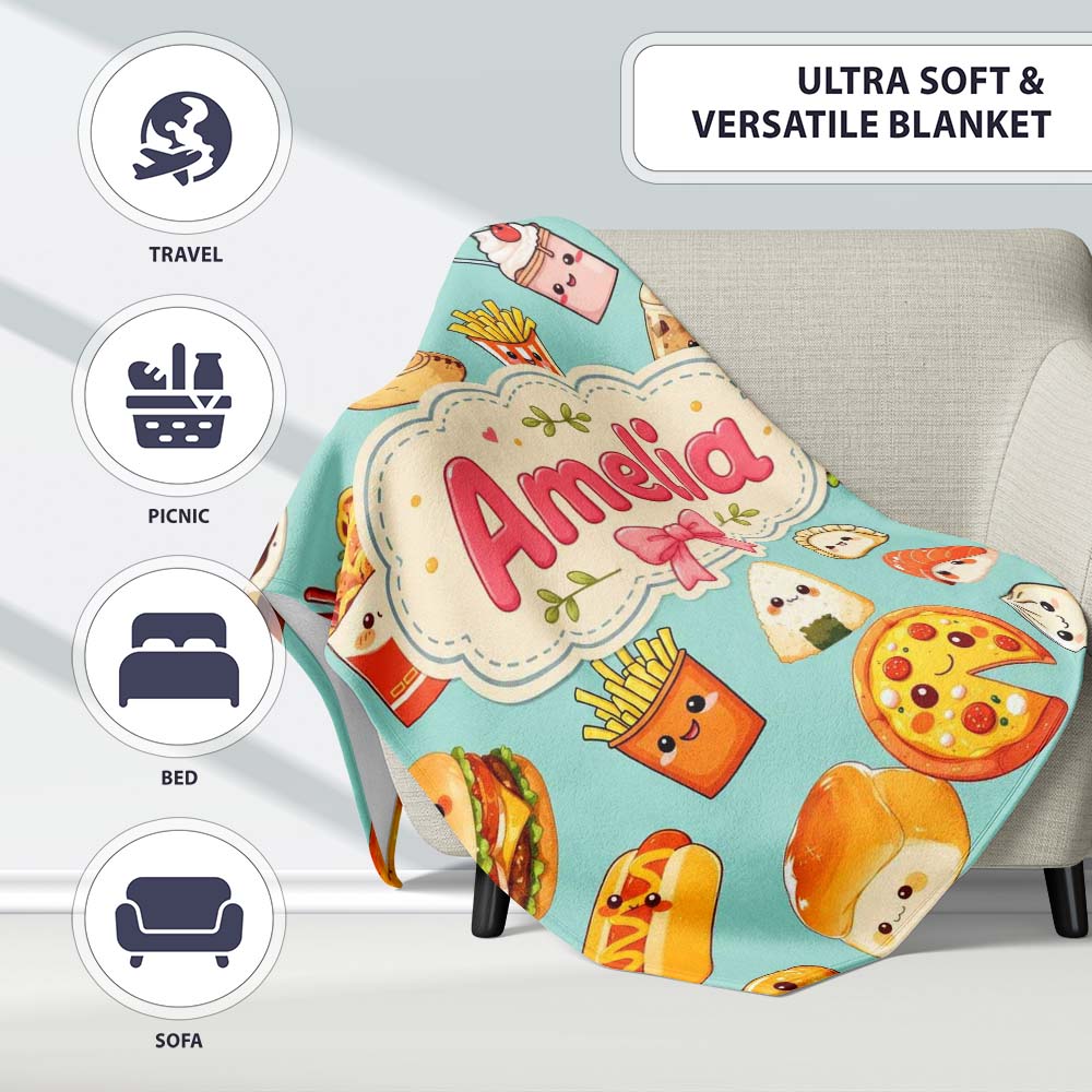Kawaii Fast Food Burger Sushi Taco Pizza Teal Seamless Pattern Name  Personalised Custom Name Super Soft Fleece Blanket Bed Sofa Throw