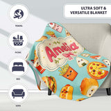 Kawaii Fast Food Burger Sushi Taco Pizza Teal Seamless Pattern Name  Personalised Custom Name Super Soft Fleece Blanket Bed Sofa Throw
