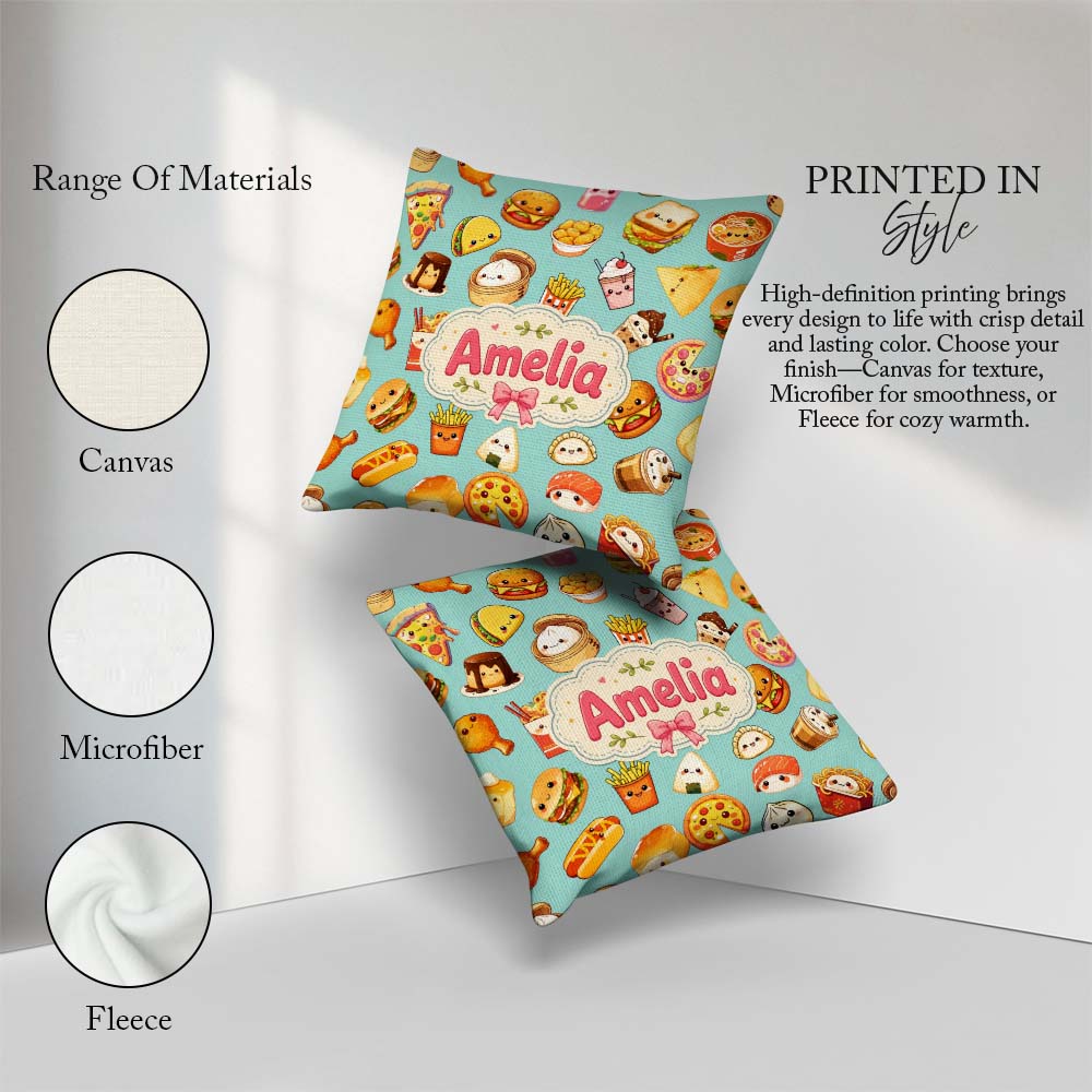 Custom Name Kawaii Fast Food Sushi Taco Pizza Teal Seamless Name Square Filled Cushion Throw Pillow Sofa Bed Home Decor Zip Washable UK Made