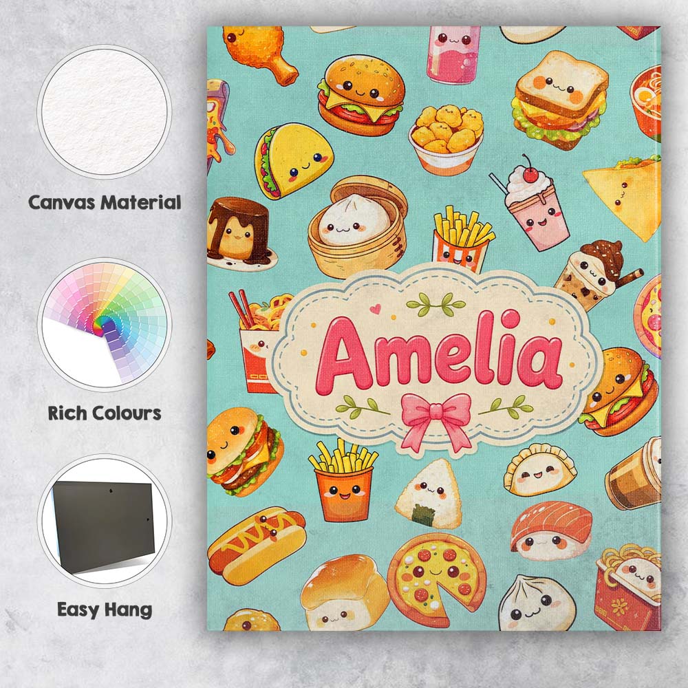 Personalised Name Kawaii Fast Food Burger Custom  Unique Gift Idea Elegant Feature Canvas Wall Art Print Decor Picture Ready to Hang