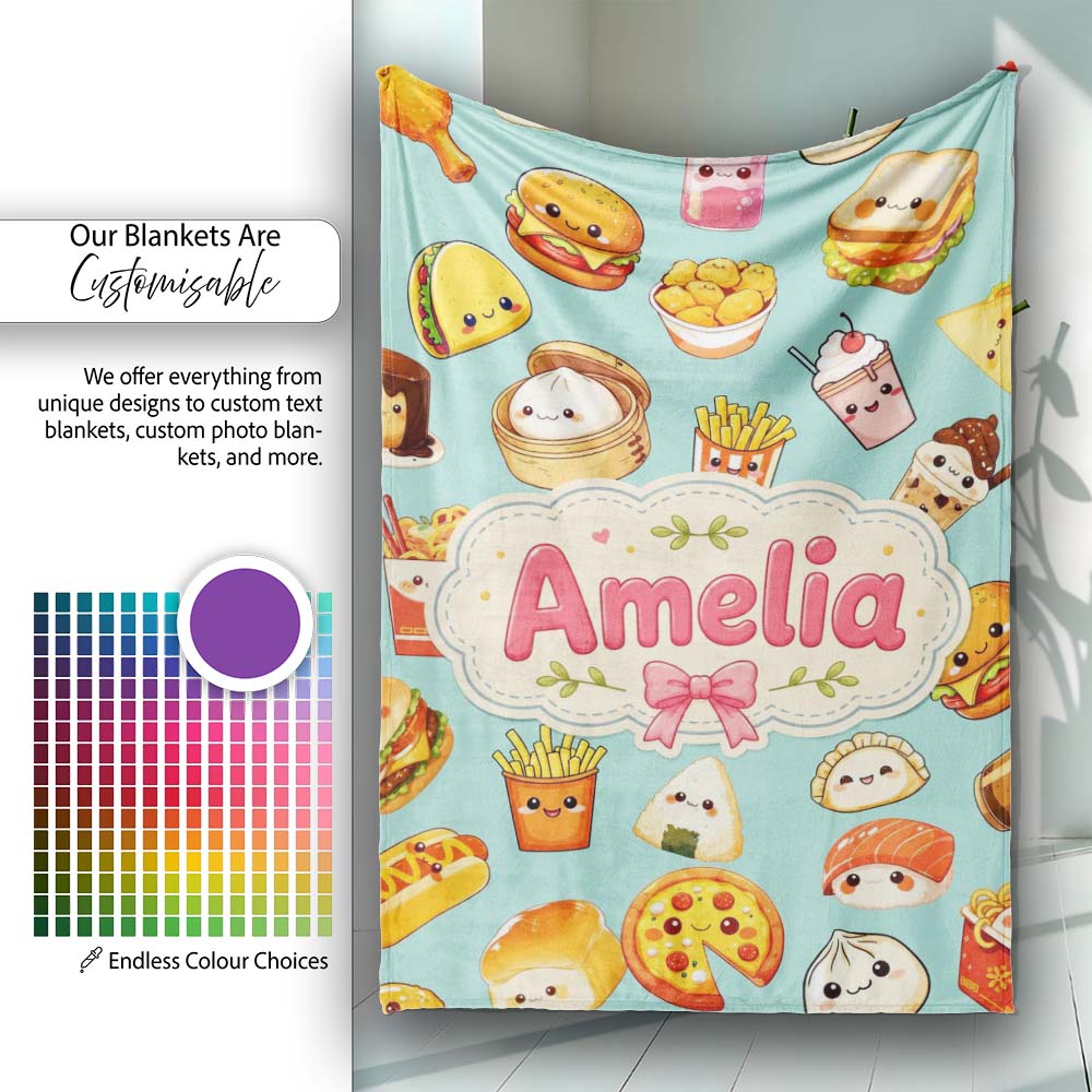 Kawaii Fast Food Burger Sushi Taco Pizza Teal Seamless Pattern Name  Personalised Custom Name Super Soft Fleece Blanket Bed Sofa Throw