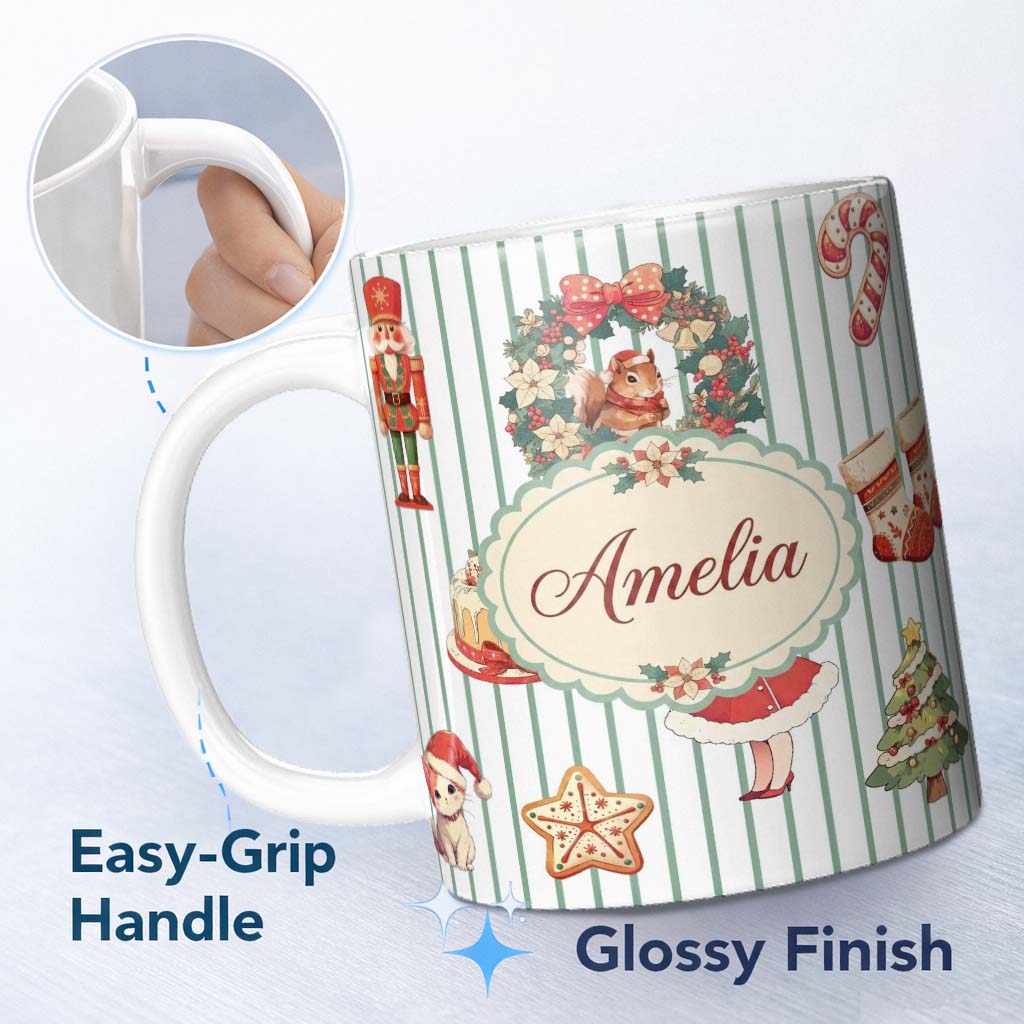 Personalized Custom Name Christmas Nutcracker Squirrel Cake Candy Cane Girl Tree Pink Stripe 11oz Ceramic Coffee Tea Mug White Large Handle