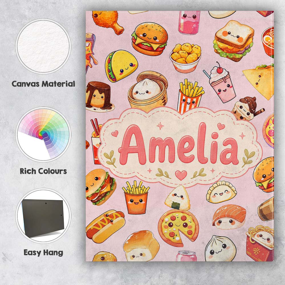 Personalised Name Kawaii Fast Food Burger Custom  Unique Gift Idea Elegant Feature Canvas Wall Art Print Decor Picture Ready to Hang