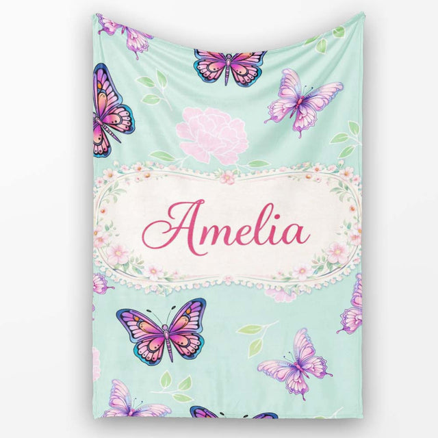 Pink Purple Butterfly Floral Teal Background Seamless Pattern Lovely  Personalised Custom Name Super Soft Fleece Blanket Bed Sofa Throw