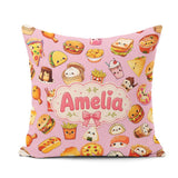 Custom Name Kawaii Fast Food Burger Sushi Taco Pizza Blush Pink Square Filled Cushion Throw Pillow Sofa Bed Home Decor Zip Washable UK Made