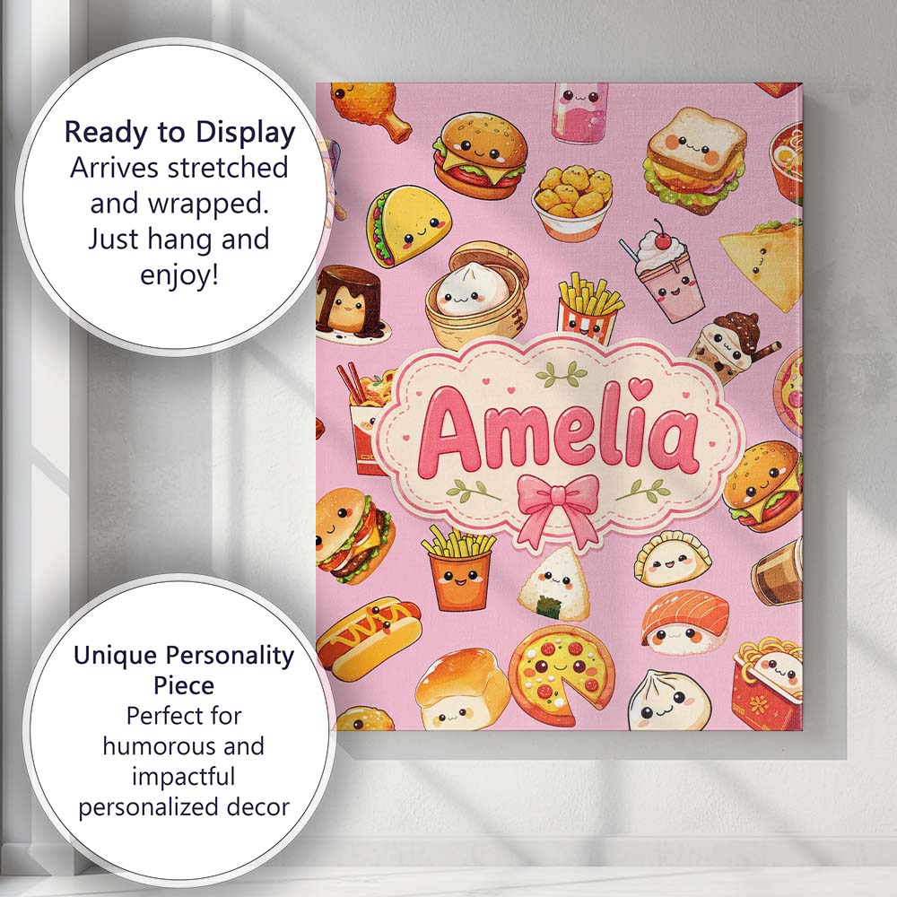 Personalised Name Kawaii Fast Food Burger Custom  Unique Gift Idea Elegant Feature Canvas Wall Art Print Decor Picture Ready to Hang