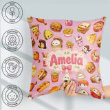 Custom Name Kawaii Fast Food Burger Sushi Taco Pizza Blush Pink Square Filled Cushion Throw Pillow Sofa Bed Home Decor Zip Washable UK Made