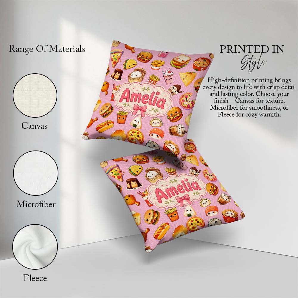 Custom Name Kawaii Fast Food Burger Sushi Taco Pizza Blush Pink Square Filled Cushion Throw Pillow Sofa Bed Home Decor Zip Washable UK Made