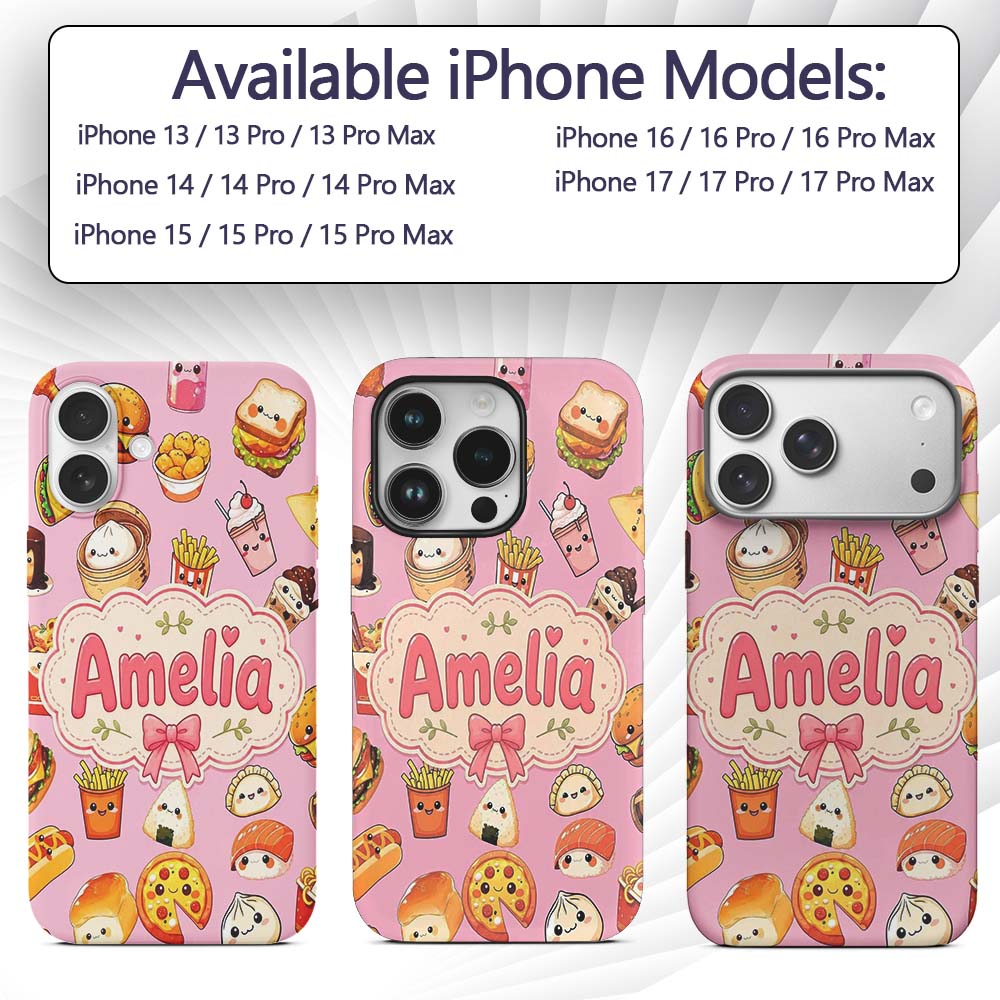 Kawaii Fast Food Burger Sushi Taco Pizza Blush Custom Name Protective Phone Case Mobile Cover Durable Everyday Smartphone Shock Resistant