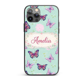 Pink Purple Butterfly Floral Teal Background Custom Name Protective Phone Case Mobile Cover Durable Everyday Smartphone Shock Resistant