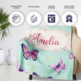 Pink Purple Butterfly Floral Teal Background Seamless Pattern Lovely  Personalised Custom Name Super Soft Fleece Blanket Bed Sofa Throw