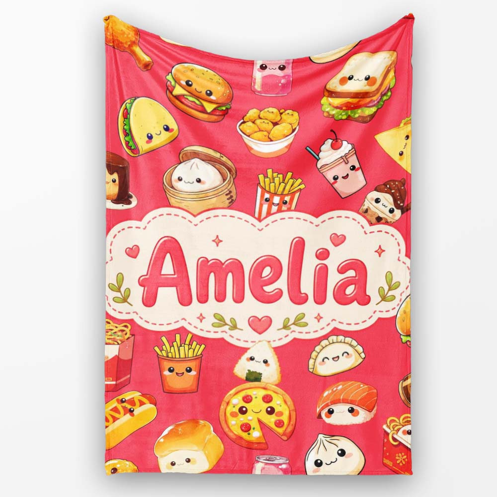 Kawaii Fast Food Burger Sushi Taco Pizza Red Seamless Pattern Name  Personalised Custom Name Super Soft Fleece Blanket Bed Sofa Throw
