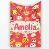 Kawaii Fast Food Burger Sushi Taco Pizza Red Seamless Pattern Name  Personalised Custom Name Super Soft Fleece Blanket Bed Sofa Throw