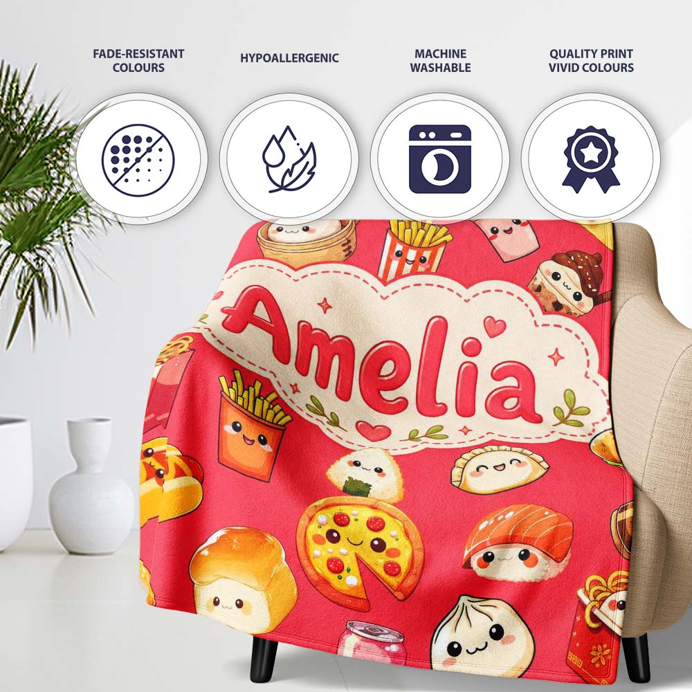 Kawaii Fast Food Burger Sushi Taco Pizza Red Seamless Pattern Name  Personalised Custom Name Super Soft Fleece Blanket Bed Sofa Throw