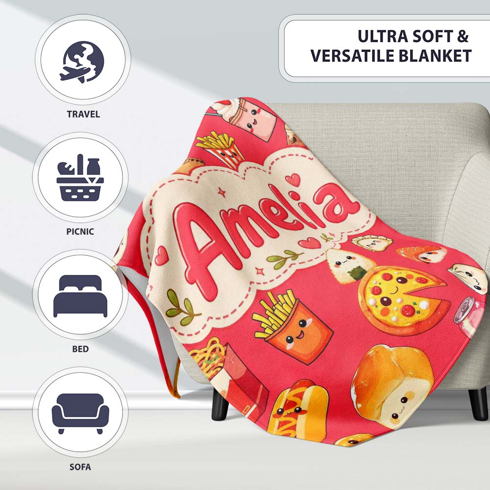 Kawaii Fast Food Burger Sushi Taco Pizza Red Seamless Pattern Name  Personalised Custom Name Super Soft Fleece Blanket Bed Sofa Throw