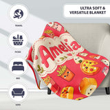 Kawaii Fast Food Burger Sushi Taco Pizza Red Seamless Pattern Name  Personalised Custom Name Super Soft Fleece Blanket Bed Sofa Throw