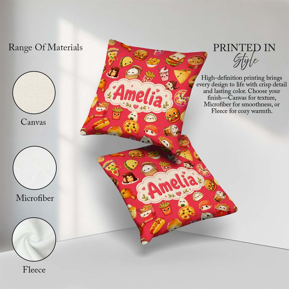 Custom Name Kawaii Fast Food Burger Sushi Taco Pizza Red Pattern Square Filled Cushion Throw Pillow Sofa Bed Home Decor Zip Washable UK Made
