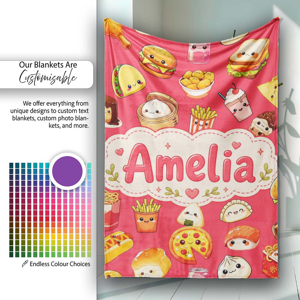 Kawaii Fast Food Burger Sushi Taco Pizza Red Seamless Pattern Name  Personalised Custom Name Super Soft Fleece Blanket Bed Sofa Throw