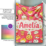 Kawaii Fast Food Burger Sushi Taco Pizza Red Seamless Pattern Name  Personalised Custom Name Super Soft Fleece Blanket Bed Sofa Throw