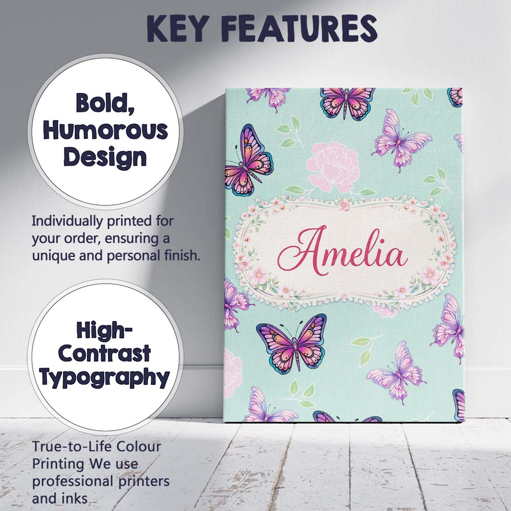 Personalised Name Pink Purple Butterfly Floral Teal Background Custom Modern Room Accent Canvas Wall Art Print Decor Picture Ready to Hang